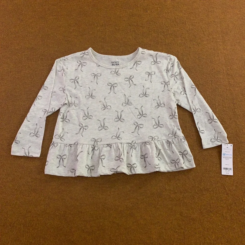 Carter's Toddler 4T White Grey Lace Bow Peplum Long Sleeve Top 2pc Lot New